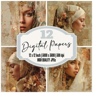 12x Papier pour journal indésirable du Moyen-Orient, femme gracieuse, paquet de papier numérique, collage de texture ornementale, JPG de haute qualité, imprimable
