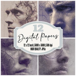 12x portrait anxieux papier journal indésirable papier spirale vigne texture paquet de papier numérique haute qualité JPG visage émotif fond de scrapbooking