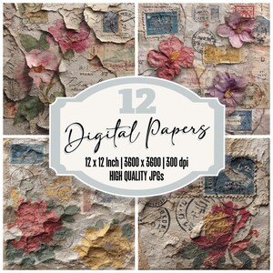 12x Stamp Airmail Petal Curl Junk Journal Paper Carta di alta qualità JPG Confezione di carta digitale Sfondi floreali vintage Carta stampabile