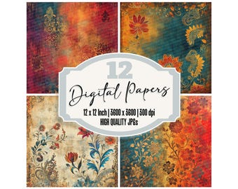 12x India Luxe Junk Journal Paper Vintage Digital Paper Pack Distressed Boho Backgrounds High Quality JPGs Scrapbook Paper Diary Pages