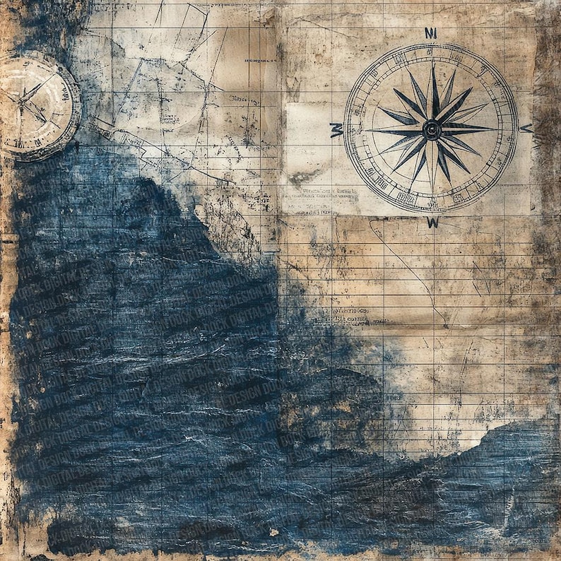 12x Nautical Compass Junk Journal Paper Drift Map Texture Digital Paper ...