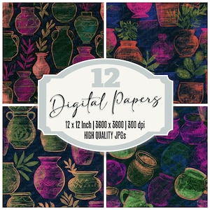 May include: A digital paper set featuring a repeating pattern of colorful vases and foliage in shades of green, purple, and orange on a dark blue background. The image includes the text "12 Digital Papers" and details about the paper size and resolution.
