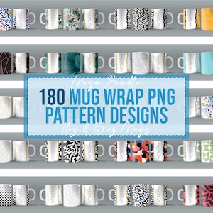 May include: A collection of 180 mug wrap PNG pattern designs for 11oz and 15oz mugs. The designs feature a variety of patterns, including geometric, floral, and abstract.