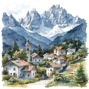 Imágenes prediseñadas de un pueblo en los Alpes suizos, 12 archivos JPG, imágenes prediseñadas de escena alpina, imágenes prediseñadas de acuarela imprimibles, manualidades de papel, arte mural, descarga digital, revistas basura