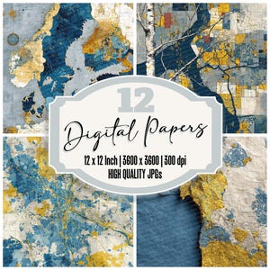 Paquete de 12 papeles digitales para diario con collage de Estocolmo, mapa real, textura de abedul, archivos JPG de alta calidad, fondo azul dorado.