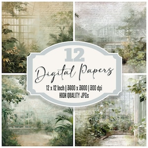 May include: A collage of four digital papers with a vintage aesthetic. The papers feature botanical and architectural elements, including greenhouses and lush greenery. The central design element displays the text "12 Digital Papers" and product specifications.