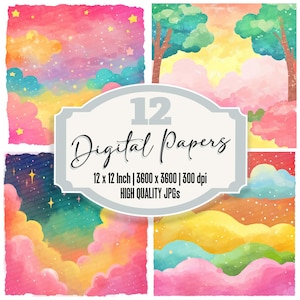 12 x Pastel givré Flore indésirable Journal papier aquarelle nuages étoiles Pack de papier numérique arrière-plans imprimables fichiers à téléchargement numérique