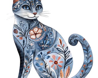 Imágenes prediseñadas PNG de gatos folclóricos, conjunto de 12 imágenes prediseñadas de gatos florales, imágenes prediseñadas de acuarela imprimibles, descarga digital, PNG transparente, manualidades de papel