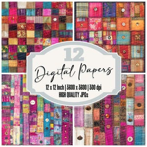 12x Colorful Fabric Digital Paper Pack, Bohemian Junk Journal Paper, Rich Jewel Tone Patchwork, High Quality JPGs, Digital Download