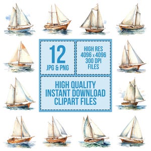 Sailboat Clipart, 12x Vintage Nautical Boat Art Set, Printable Watercolor Art, Transparent Background PNG, Digital Download, Paper Crafts image 3