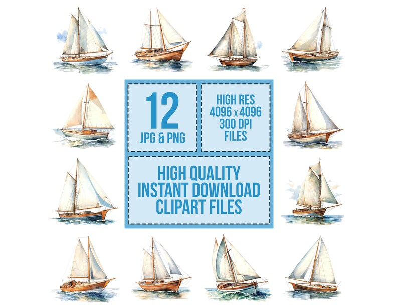 Sailboat Clipart, 12x Vintage Nautical Boat Art Set, Printable Watercolor Art, Transparent Background PNG, Digital Download, Paper Crafts image 3