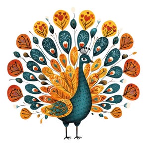 Puede incluir: Ilustración en acuarela de un pavo real con una vibrante exhibición de plumas. El cuerpo del pavo real es de color verde azulado, con detalles en naranja y amarillo en las plumas. Las plumas tienen patrones de corazones y hojas.
