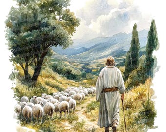 12 imágenes prediseñadas de pastor y ovejas en acuarela, arte de escena pastoral, imágenes prediseñadas imprimibles, JPG de alta calidad, descarga digital, manualidades en papel, escena bíblica