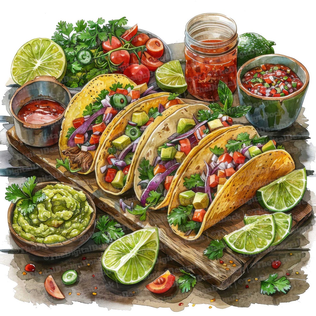 12x Tacos Clipart, Taco Menu Mexican Food Clipart, Printable Watercolor ...
