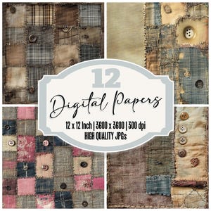 Puede incluir: Doce papeles digitales con un diseño de colcha de retazos en varios tonos de marrón, azul, rosa y blanco. Los papeles miden 30,48 cm por 30,48 cm y tienen una resolución de 3600 x 3600 píxeles a 300 ppp.