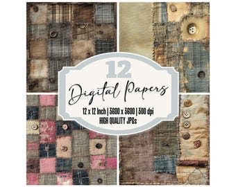 12x Rustic Patchwork Junk Journal Paper, Distressed Fabric Digital Paper Pack, Plaid & Buttons, Scrapbook Backgrounds, Digital Download