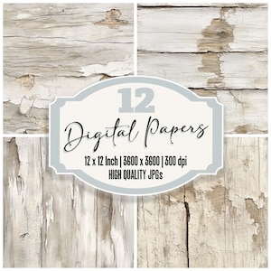 Paquete de 12 papeles digitales de diario de madera flotante blanqueada por el sol con textura costera, archivos JPG de alta calidad para álbumes de recortes.