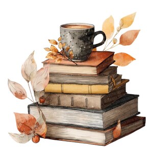K&ouml;nnte beinhalten: Aquarell-Illustration eines B&uuml;cherstapels mit einer Kaffeetasse darauf. Die B&uuml;cher sind in verschiedenen Farben gehalten, umgeben von Herbstbl&auml;ttern und Beeren. Die Tasse ist dunkelgrau mit einem gesprenkelten Design.