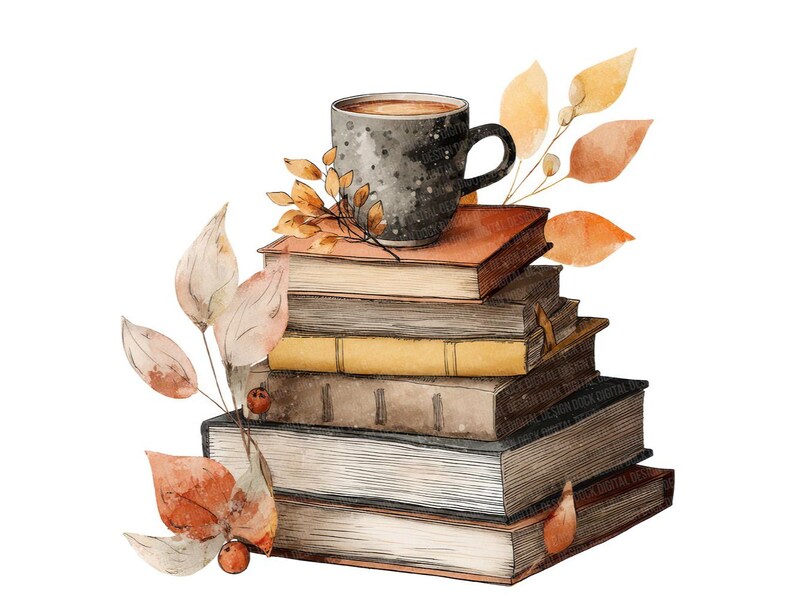 K&ouml;nnte beinhalten: Aquarell-Illustration eines B&uuml;cherstapels mit einer Kaffeetasse darauf. Die B&uuml;cher sind in verschiedenen Farben gehalten, umgeben von Herbstbl&auml;ttern und Beeren. Die Tasse ist dunkelgrau mit einem gesprenkelten Design.