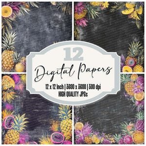 12x Chalk Tropical Fruit Junk Journal Paper Vintage Digital Paper Pack Pineapple Dragon Fruit Borders Distressed Backgrounds JPGs Download