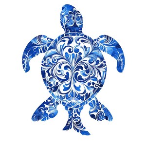 May include: A blue and white watercolour illustration of a sea turtle with a decorative floral pattern on its shell.