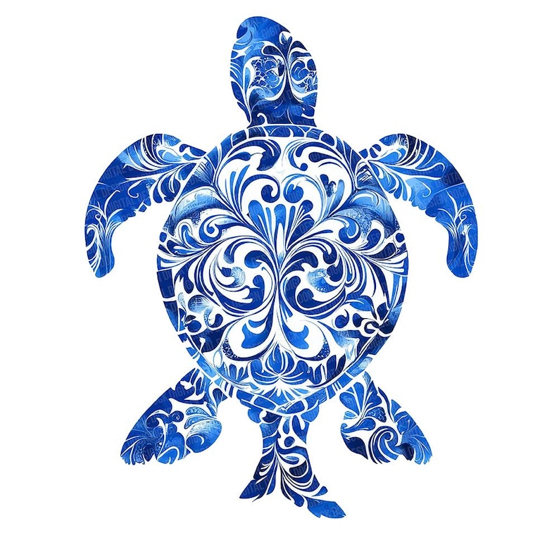 May include: A blue and white watercolour illustration of a sea turtle with a decorative floral pattern on its shell.