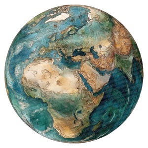 May include: A watercolor illustration of Earth, showcasing continents and oceans. The globe is rendered in shades of blue, green, and brown, with detailed contour lines. The artwork is set against a white background, emphasizing the planet's form.