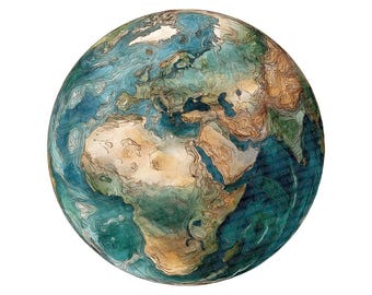 Clipart planète terre aquarelle, 12 x Globe Clip Art, Art imprimable de la carte de la terre, téléchargement numérique, PNG Transparent, Journal indésirable de géographie