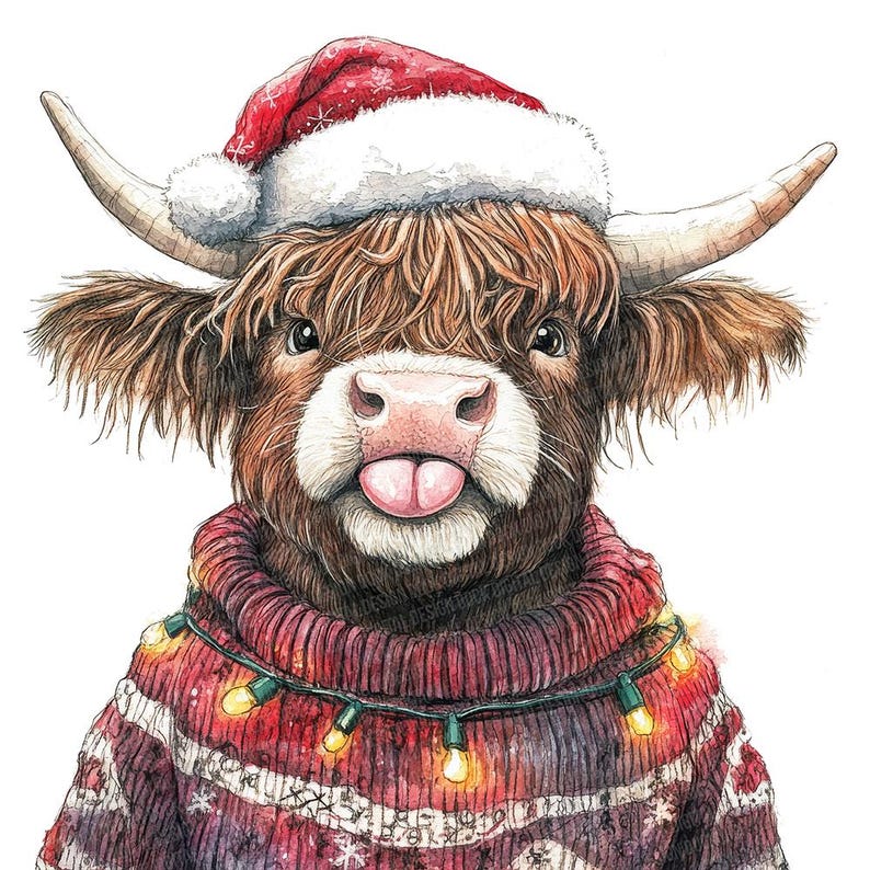 Christmas Highland Cow PNG Clipart, 12x Cow Watercolor PNG Set ...