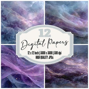 Puede incluir: Una colección de 12 papeles digitales de alta calidad. Las imágenes presentan diseños abstractos en tonos morados, azules y dorados, con una calidad onírica y etérea. Cada papel mide 30,48 cm x 30,48 cm y 3600 x 3600 píxeles a 300 ppp.
