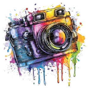 May include: Watercolor illustration of a vintage camera with a rainbow color scheme. The camera is detailed with black outlines and features a lens, viewfinder, and various dials. Splatters of paint in vibrant colors like blue, purple, yellow, and red surround the camera.