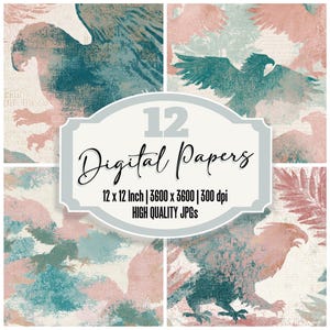 May include: A digital paper set with eagle designs in teal and peach hues. The image includes the text "12 Digital Papers" and specifications: 12 x 12 inch, 3600 x 3600, and 300 dpi. High quality JPGs.