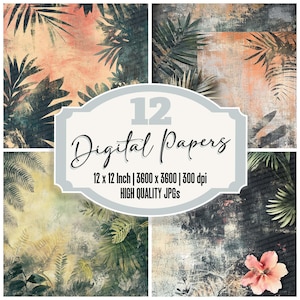 12 Vintage Tropical Digital Papers, Distressed Jungle Junk Journal Paper, Aged Palm Leaves Textures, Printable Backgrounds, Digital Download