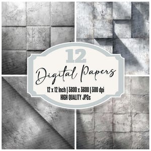 Puede incluir: Una composición de arte digital que presenta doce papeles digitales con textura de hormigón. La imagen incluye el texto "12 Digital Papers" y detalles sobre el tamaño, la resolución y el tipo de archivo. Cada papel mide 30,48 cm x 30,48 cm.