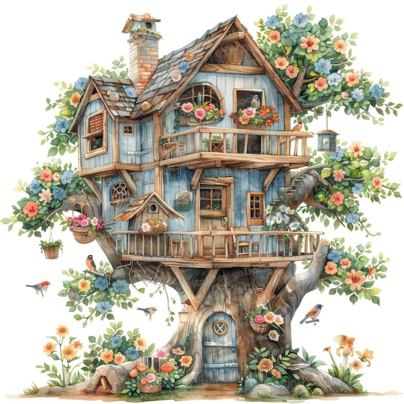 アクリル絵画　“Tree House” 12x Floral Tree House Clipart, Treehouse Clipart, Printable