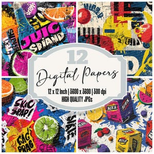 12 boîtes de jus de fruits, papier pour journal indésirable Pop Art, paquet de papier numérique, rouge jaune, texture éclaboussures, JPG de haute qualité, fond de fruits lumineux