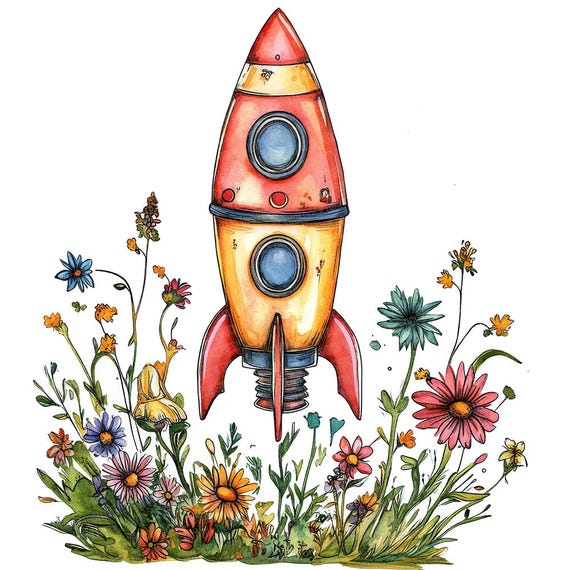 12x Toy Rocket PNG Clipart, Floral Space Clip Art Set, Printable
