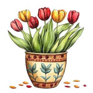 May include: Watercolor illustration of a potted tulip arrangement. The vase is beige with a decorative pattern of leaves and berries. The tulips are red and yellow, with green leaves. Scattered petals are at the base of the vase.