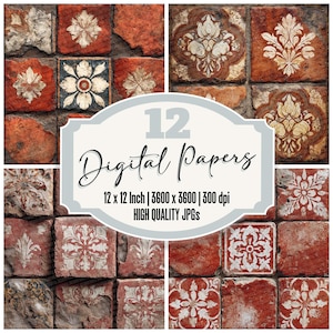 May include: A collection of 12 digital papers featuring a repeating pattern of red and white floral tile designs. The image includes the text "12 Digital Papers" and details about the paper size and resolution.