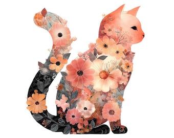 12x Floral Cat PNG Clipart, Whimsical Cat Art Set, Printable Watercolor Clip Art, Digital Download, Transparent PNG, JPG Files, Paper Crafts
