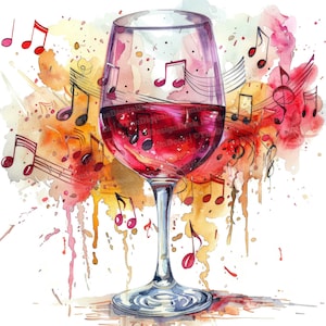 12 x wijnglas met muzieknoten clipart, muzikale clipart, afdrukbare aquarel clipart, kunst aan de muur, paper Crafts, digitale download, ongewenste tijdschriften