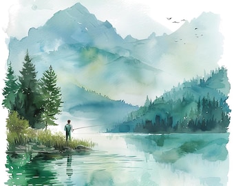 Fishing Lake PNG Clipart, 12x Serene Nature Watercolor Set, Printable Outdoor Landscape Illustrations, Digital Download, Transparent PNG