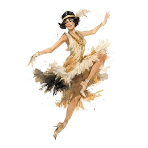 May include: Watercolor illustration of a woman in a flapper dress dancing. The dress is gold with white fringe and a black and brown watercolor effect. She wears a headband with a feather and gold jewelry.
