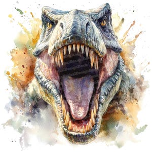 Op de afbeelding: Een aquarel schilderij van een Tyrannosaurus Rex dinosaurus met zijn bek open, waardoor scherpe tanden zichtbaar zijn. De dinosaurus is geschilderd in tinten groen, bruin en geel, met een spattende aquarelverf op de achtergrond.