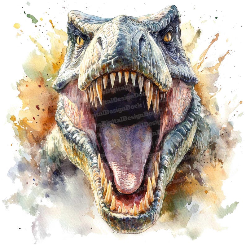 Op de afbeelding: Een aquarel schilderij van een Tyrannosaurus Rex dinosaurus met zijn bek open, waardoor scherpe tanden zichtbaar zijn. De dinosaurus is geschilderd in tinten groen, bruin en geel, met een spattende aquarelverf op de achtergrond.