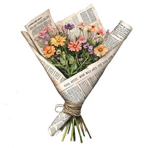 Buquê de flores silvestres PNG Clip Art, Conjunto de 12x Flores embrulhadas em jornal Clipart PNG, Clip Art de aquarela para impressão, Pacote de diário de lixo