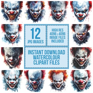 12 Gruselige Clown Clipart, Clipart, druckbare Clipart, hochwertige JPG, digitaler Download, Papierhandwerk, Junk Journal, Halloween