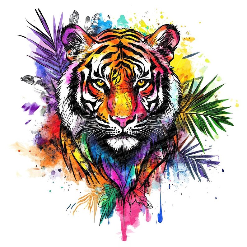 May include: A vibrant watercolor illustration of a tiger's face. The tiger features orange, yellow, and black stripes, with splashes of pink, purple, and blue. Palm leaves and feathers surround the tiger's head, creating a colorful, artistic design.