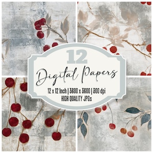 12x Seamless Minimal Cherry Stem Junk Journal Paper Silver Backgrounds Digital Paper Pack Scrapbook Ephemera JPGs Digital Download