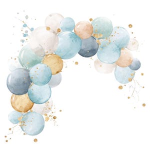 Peut inclure: Illustration à l'aquarelle de formes rondes dans des tons de bleu, beige et or, disposées en arc. Le design comprend des accents de paillettes dorées et de fines brindilles, idéal pour l'art numérique ou les invitations.